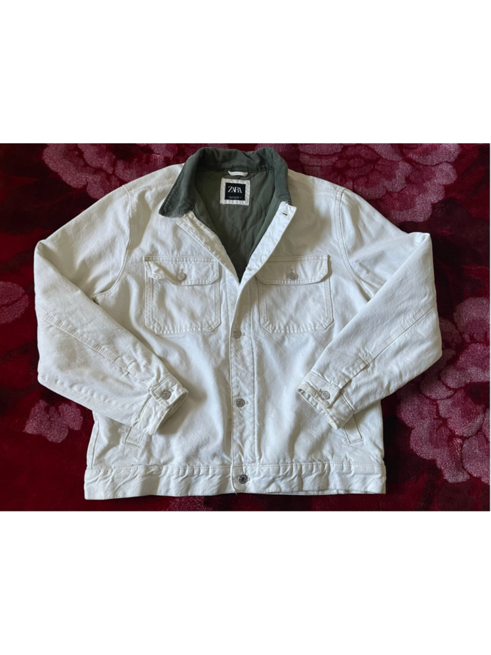 Men's Zara Quilted Shirt Jacket, Size XL, White and Olive
